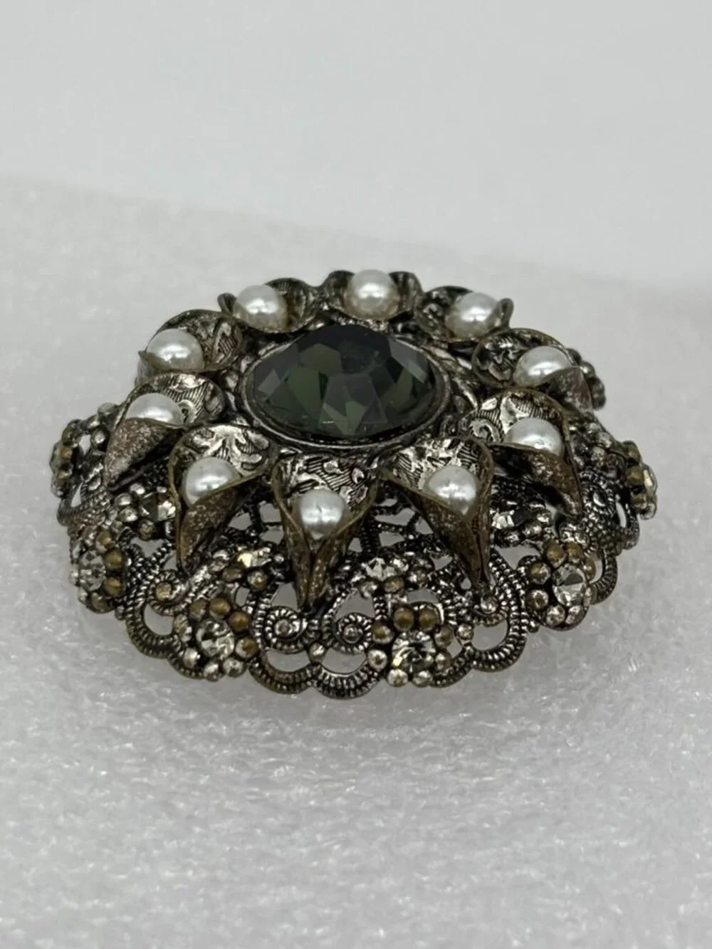 Vintage West Germany High Dome Brooch W/Crystal Faux Pearls Filigree Silver-Tone
